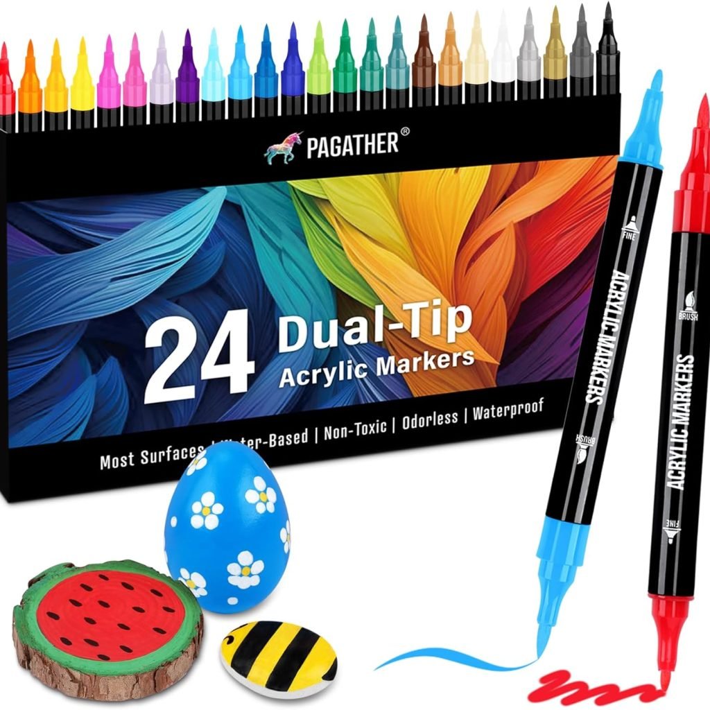 24 Colors Acrylic Paint Markers, Dual Tip with Fine Tip and Brush Tip Pens for Stone, Wood, Calligraphy, Canvas, Ceramic, Metal, Glass, Rock Painting, DIY Crafts