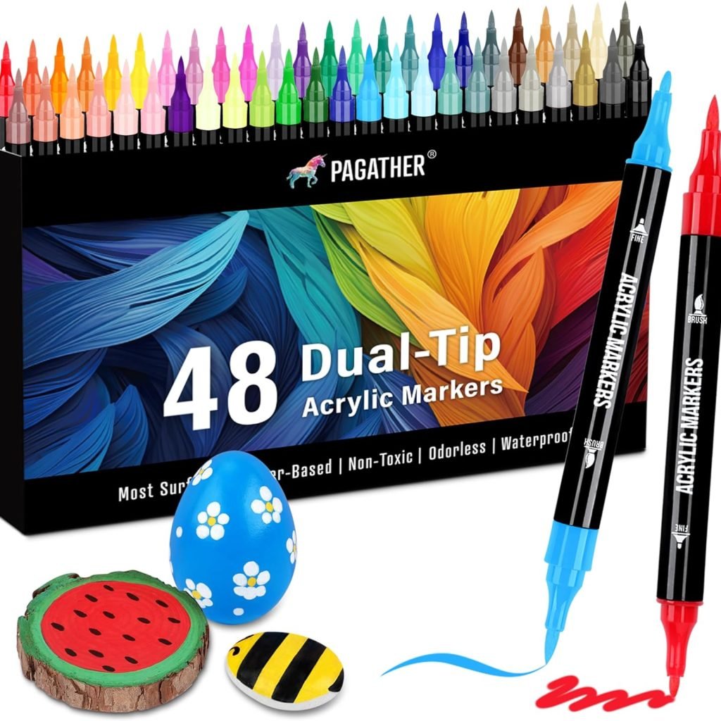 24 Colors Acrylic Paint Markers, Dual Tip with Fine Tip and Brush Tip Pens for Stone, Wood, Calligraphy, Canvas, Ceramic, Metal, Glass, Rock Painting, DIY Crafts