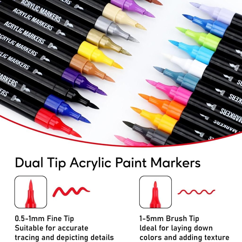 24 Colors Acrylic Paint Markers, Dual Tip with Fine Tip and Brush Tip Pens for Stone, Wood, Calligraphy, Canvas, Ceramic, Metal, Glass, Rock Painting, DIY Crafts