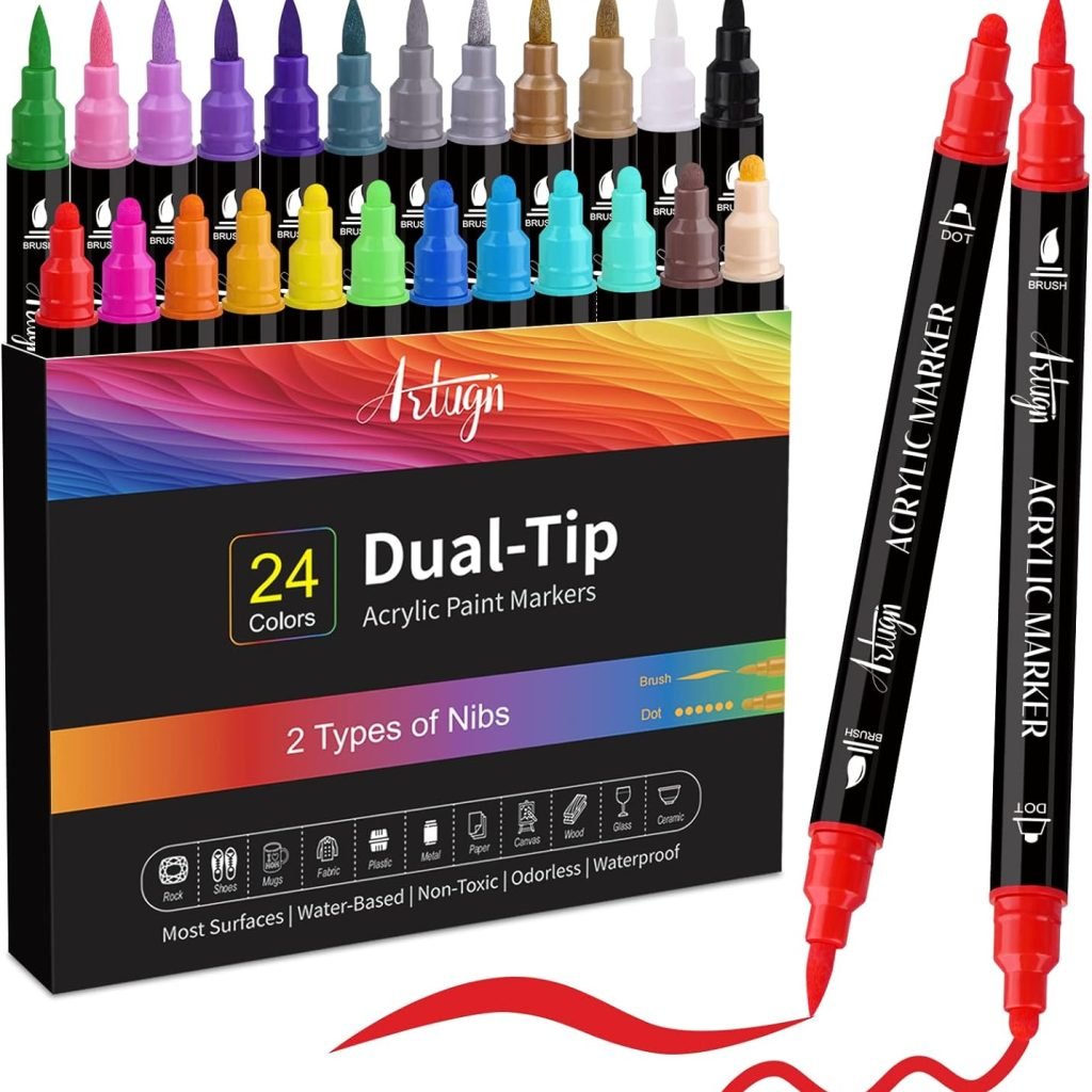 24 Colors Acrylic Paint Pens, Dual Tip Pens With Medium Tip and Brush Tip for Rock Painting, Ceramic, Wood, Plastic, Calligraphy, Scrapbooking, Brush Lettering, Card Making, DIY Crafts 24 Colors Acrylic Paint Pens, Dual Tip Pens With Medium Tip and Brush Tip for Rock Painting, Ceramic, Wood, Plastic, Calligraphy, Scrapbooking, Brush Lettering, Card Making, DIY Crafts