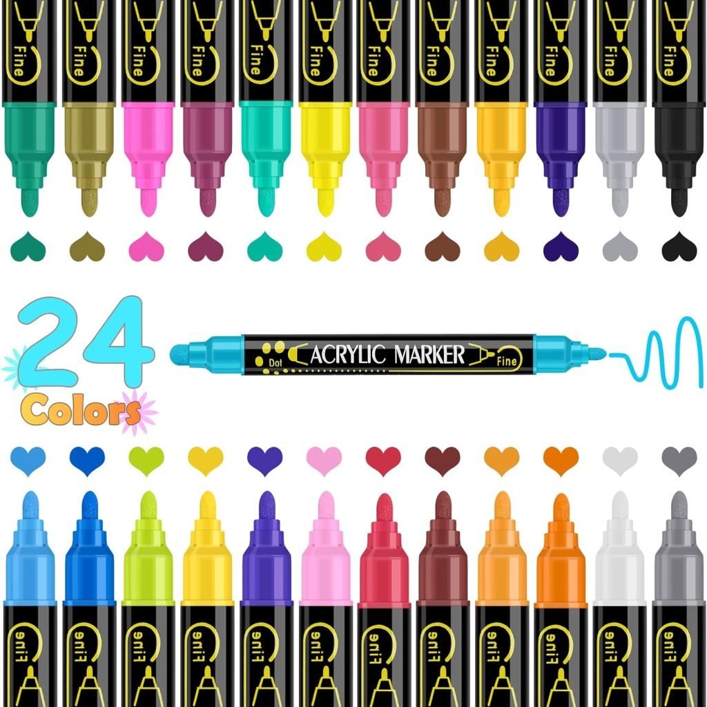 24 Colors Dual Tip Acrylic Paint Pens Markers, Premium Acrylic Paint Pens for Wood, Canvas, Stone, Rock Painting, Glass, Ceramic Surfaces, DIY Crafts Making Art Supplies 24 Colors Dual Tip Acrylic Paint Pens Markers, Premium Acrylic Paint Pens for Wood, Canvas, Stone, Rock Painting, Glass, Ceramic Surfaces, DIY Crafts Making Art Supplies
