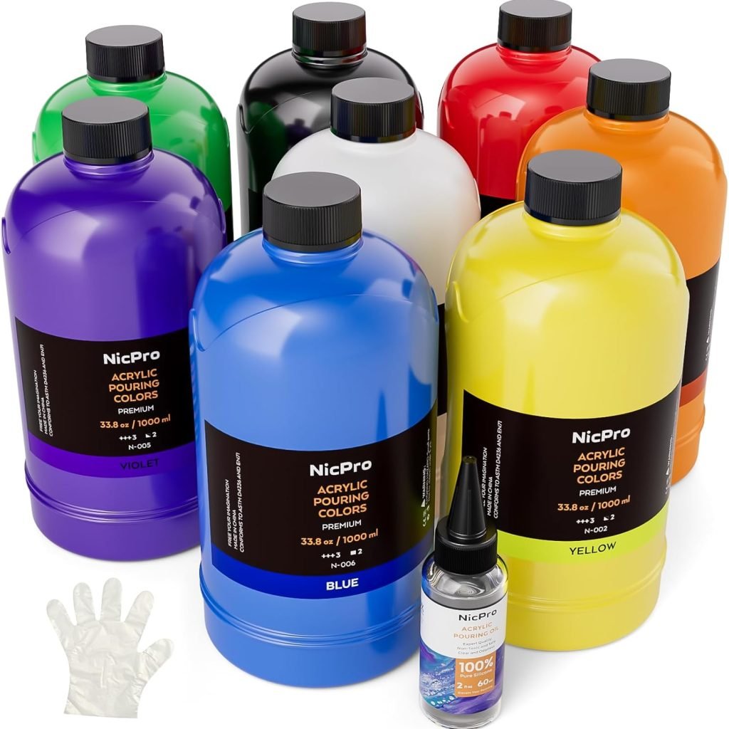 8 Colors Large Bulk Acrylic Pour Paint Set (33.8 oz, 1000 ml) Premixed High Flow Art Pouring Paint Supplies Kit with Silicone Pour Oil, Gloves for Beginner Cell Creation Flow DIY, Ready to Pour