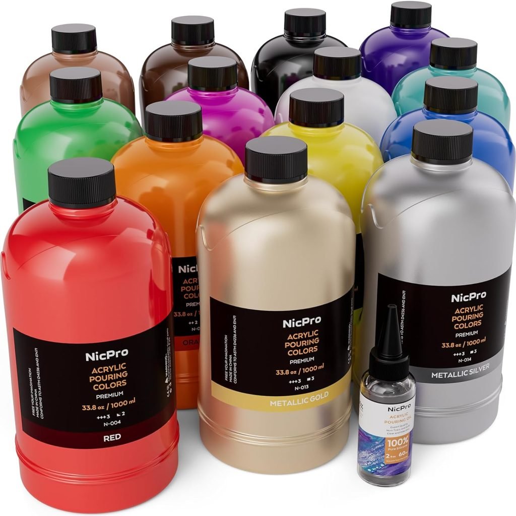 8 Colors Large Bulk Acrylic Pour Paint Set (33.8 oz, 1000 ml) Premixed High Flow Art Pouring Paint Supplies Kit with Silicone Pour Oil, Gloves for Beginner Cell Creation Flow DIY, Ready to Pour