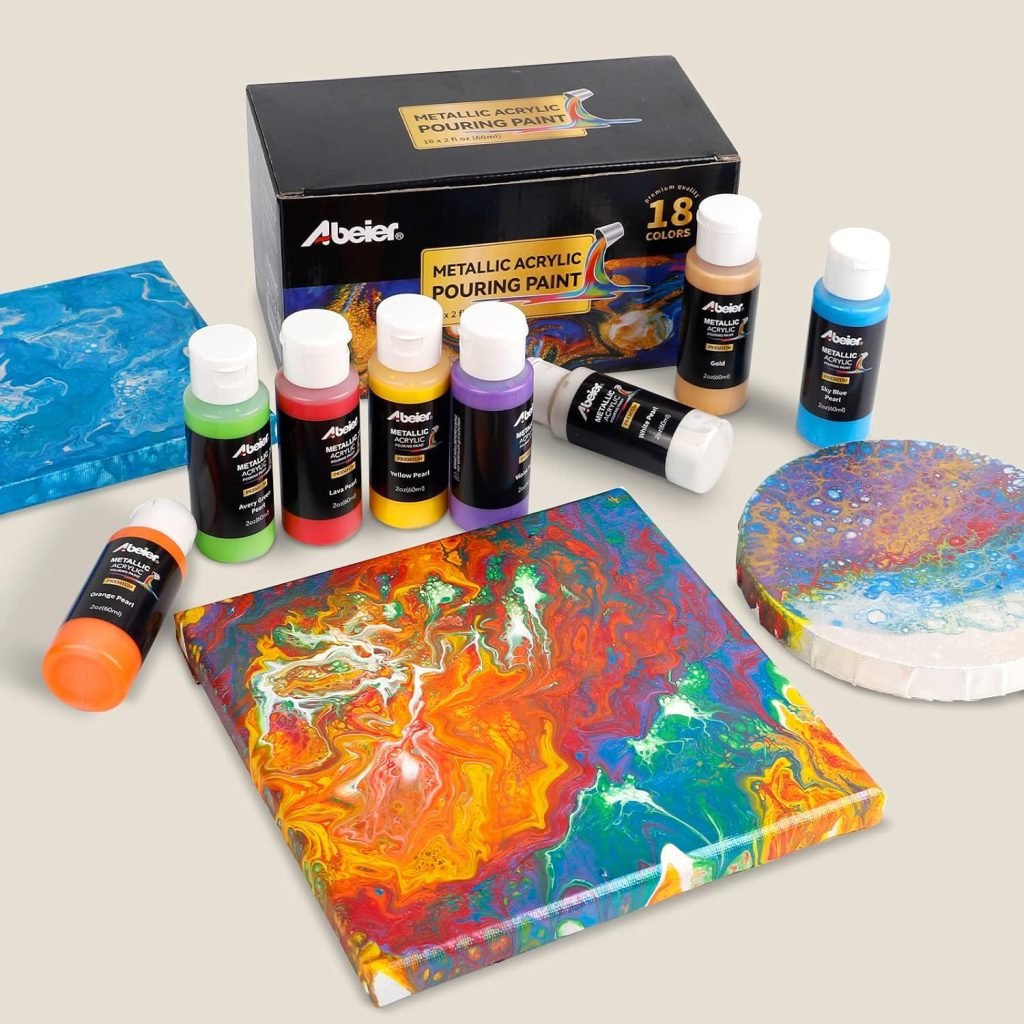 ABEIER Metallic Acrylic Pouring Paint Set - Set of 18 Metallic Colors - Pre-Mixed High Flow Ready to Pour - 2 oz./ 59 ml Bottles - Multi-purpose Paints for Canvas Paper, Rocks, Wood and More ABEIER Metallic Acrylic Pouring Paint Set - Set of 18 Metallic Colors - Pre-Mixed High Flow Ready to Pour - 2 oz./ 59 ml Bottles - Multi-purpose Paints for Canvas Paper, Rocks, Wood and More
