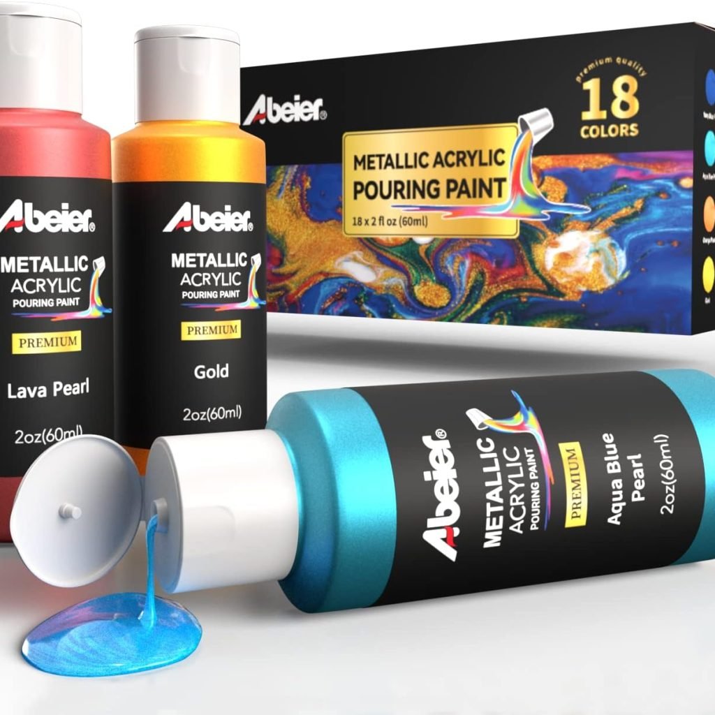 ABEIER Metallic Acrylic Pouring Paint Set - Set of 18 Metallic Colors - Pre-Mixed High Flow Ready to Pour - 2 oz./ 59 ml Bottles - Multi-purpose Paints for Canvas Paper, Rocks, Wood and More ABEIER Metallic Acrylic Pouring Paint Set - Set of 18 Metallic Colors - Pre-Mixed High Flow Ready to Pour - 2 oz./ 59 ml Bottles - Multi-purpose Paints for Canvas Paper, Rocks, Wood and More
