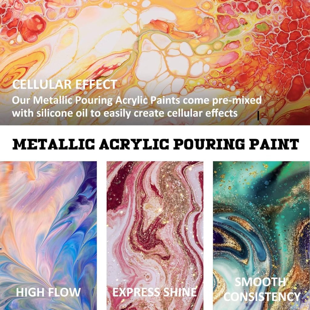 ABEIER Metallic Acrylic Pouring Paint Set - Set of 18 Metallic Colors - Pre-Mixed High Flow Ready to Pour - 2 oz./ 59 ml Bottles - Multi-purpose Paints for Canvas Paper, Rocks, Wood and More ABEIER Metallic Acrylic Pouring Paint Set - Set of 18 Metallic Colors - Pre-Mixed High Flow Ready to Pour - 2 oz./ 59 ml Bottles - Multi-purpose Paints for Canvas Paper, Rocks, Wood and More
