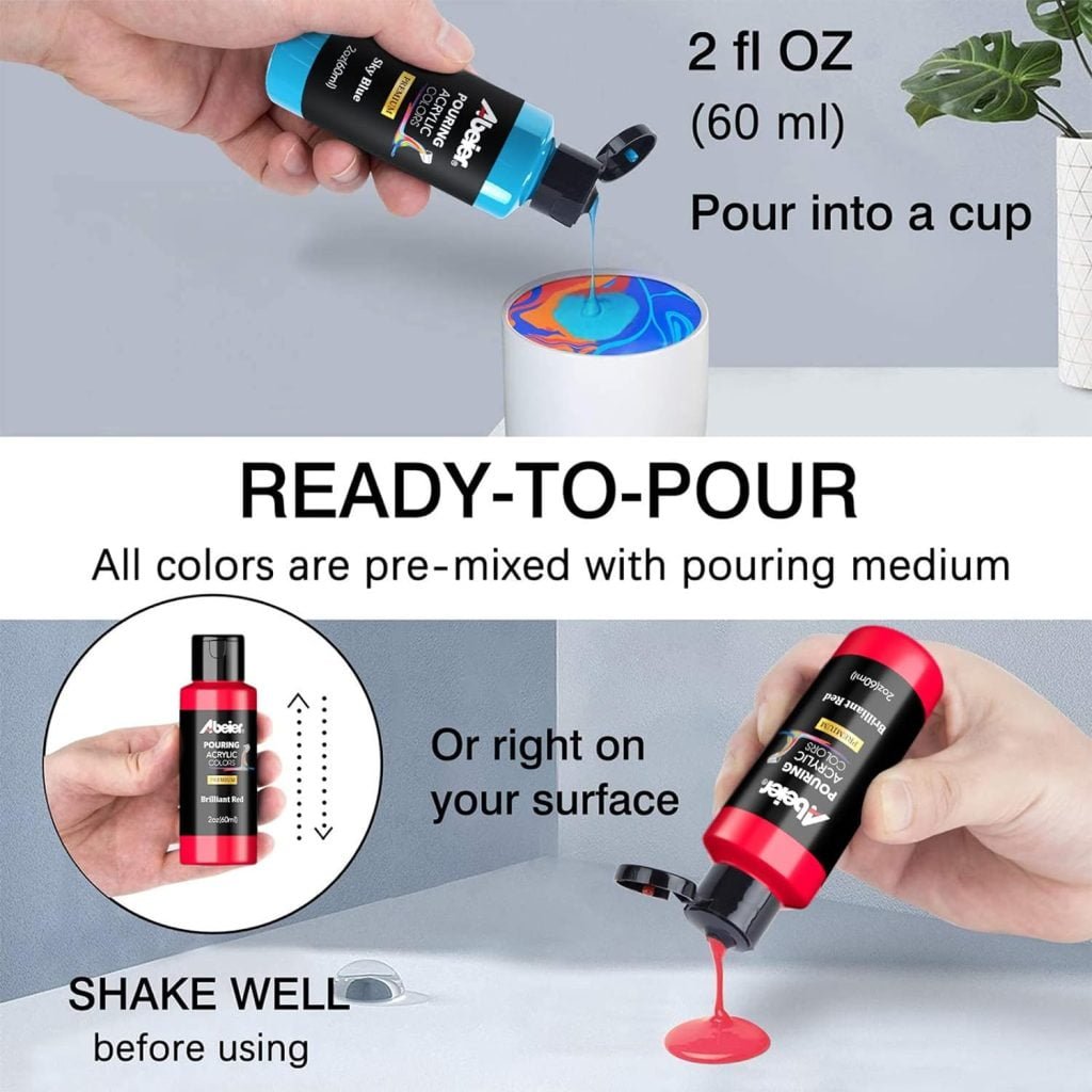 ABEIER Metallic Acrylic Pouring Paint Set - Set of 18 Metallic Colors - Pre-Mixed High Flow Ready to Pour - 2 oz./ 59 ml Bottles - Multi-purpose Paints for Canvas Paper, Rocks, Wood and More ABEIER Metallic Acrylic Pouring Paint Set - Set of 18 Metallic Colors - Pre-Mixed High Flow Ready to Pour - 2 oz./ 59 ml Bottles - Multi-purpose Paints for Canvas Paper, Rocks, Wood and More