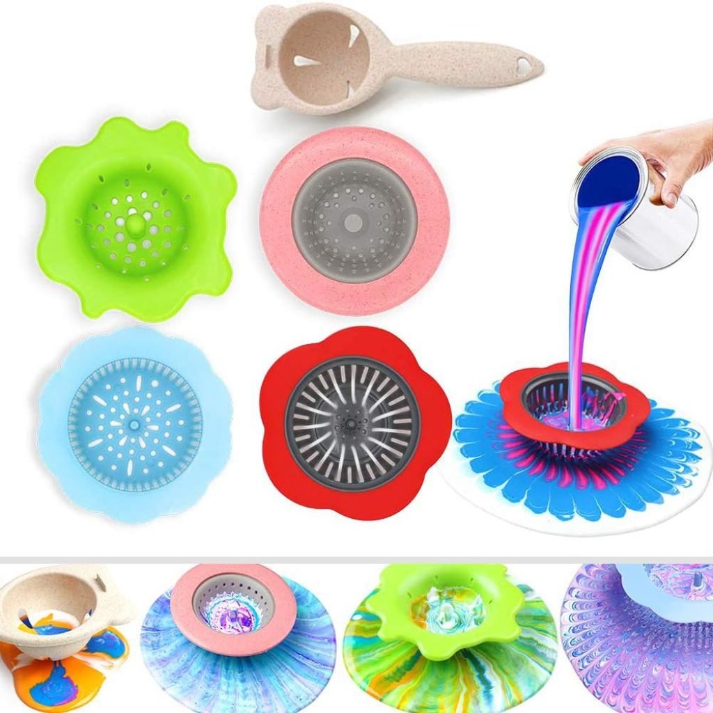 AngelaAlex Acrylic Pouring Strainers, 5 PCS Flow Painting Tools Christmas DIY Kits Drawing Sets Flower Strainers Plastic Silicone Drain Basket Unique Pattern Train Art Supplies