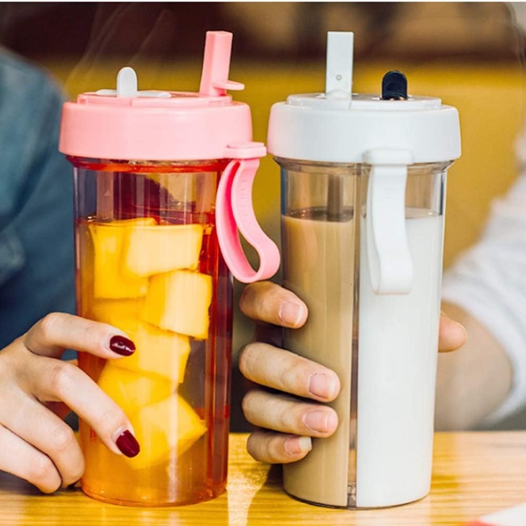 Creative Water Cup,One Cup of Two Different Drinks Two Straws Couple Outdoor 600ml Drinking Cup for Camping Hiking Backpacking Travel Office 1,A