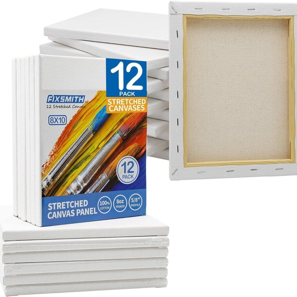 FIXSMITH Stretched Canvas for Painting- 8x10 Inch,Bulk Pack of 12,Primed,100% Cotton,5/8 Inch Profile of Super Value Pack for Acrylics,Oils Other Painting Media.