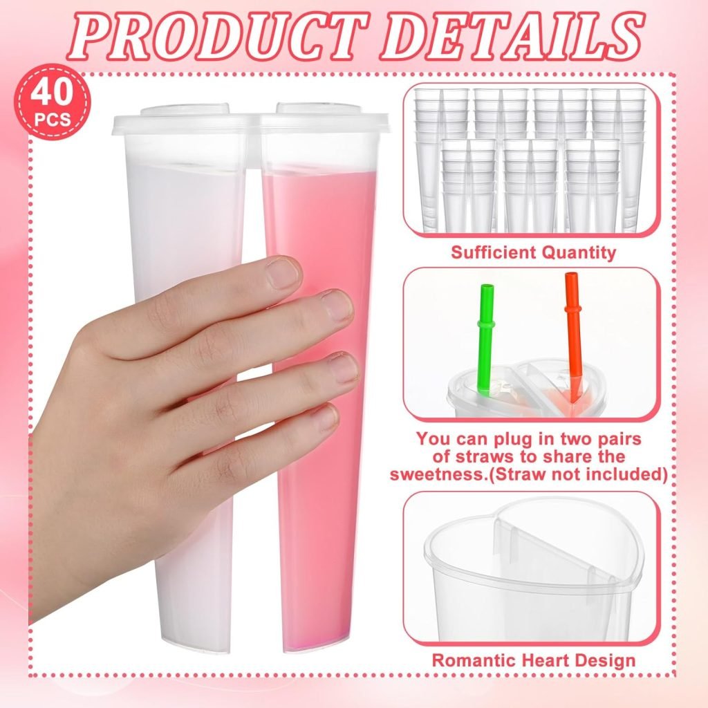 Hoolerry 40 Pcs Heart Shaped Disposable Plastic Cup with Lids 22 Ounce Couple Sharing Split Cup Clear Bubble Tea Cup for Smoothie Coffee Drink Valentines Day Home Party Supplies