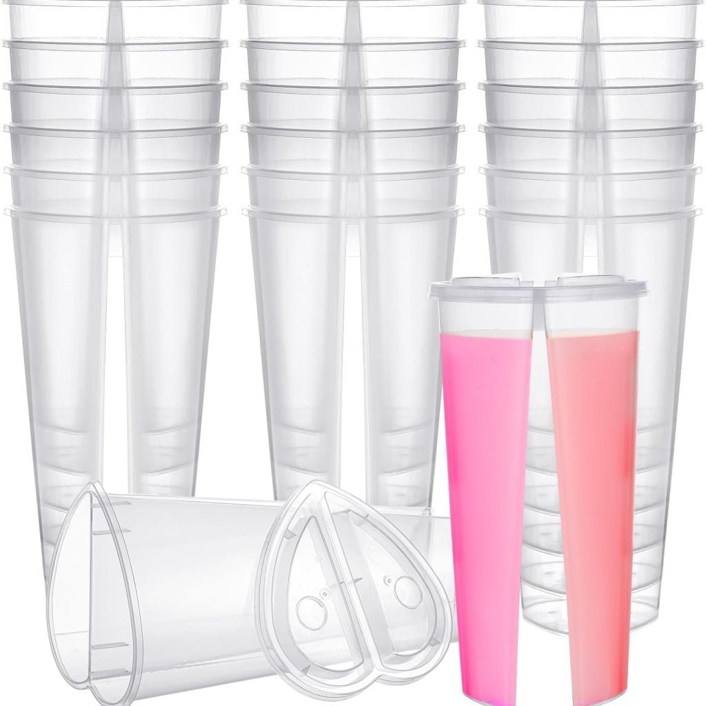 Hoolerry 40 Pcs Heart Shaped Disposable Plastic Cup with Lids 22 Ounce Couple Sharing Split Cup Clear Bubble Tea Cup for Smoothie Coffee Drink Valentines Day Home Party Supplies
