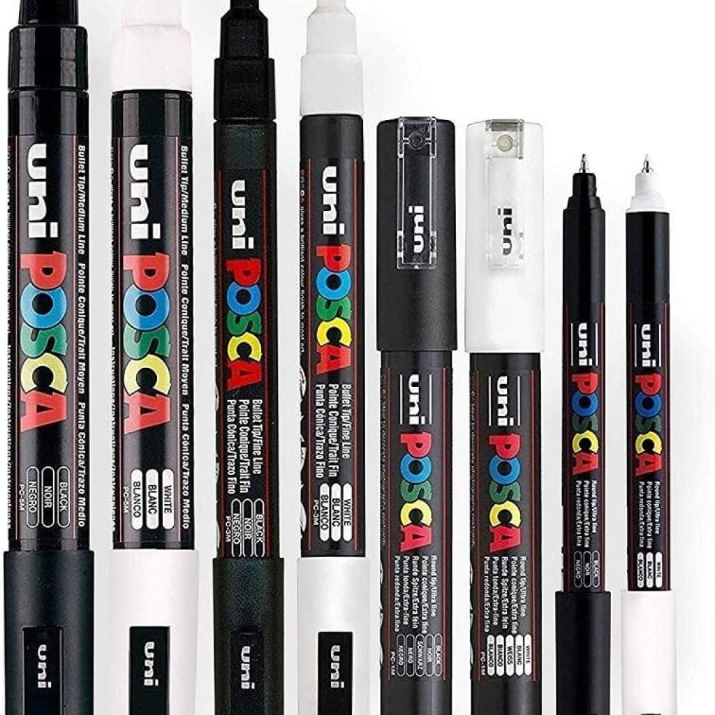 POSCA Black White - Fine to Medium Set of 8 Pens PC-5M, PC-3M, PC-1M, PC-1MR POSCA Black White - Fine to Medium Set of 8 Pens PC-5M, PC-3M, PC-1M, PC-1MR