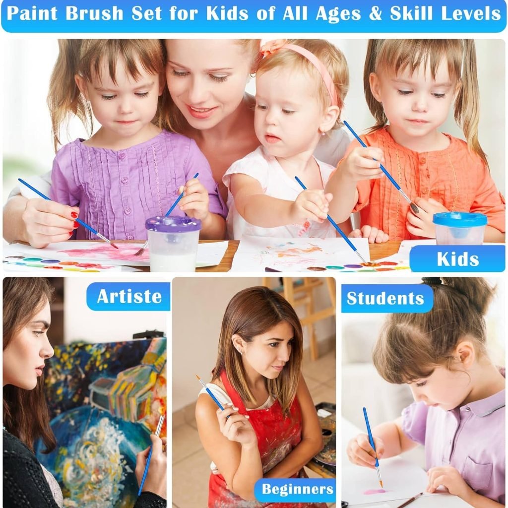 Small Paint Brushes Bulk, Anezus 50 Pcs Flat Tip Round Acrylic Paint Brushes for Kids Classroom Acrylic Watercolor Canvas Face Painting Touch Up