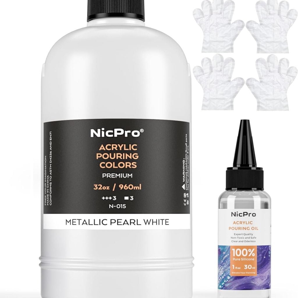 Titanium White Color Acrylic Pour Paint, 32 Ounce Pre-Mixed Pouring Paint Supplies with Silicone Pour Oil Gloves for Canvas, Rock, Wood Cell Creation Flow DIY Art Painting, Ready to Pour