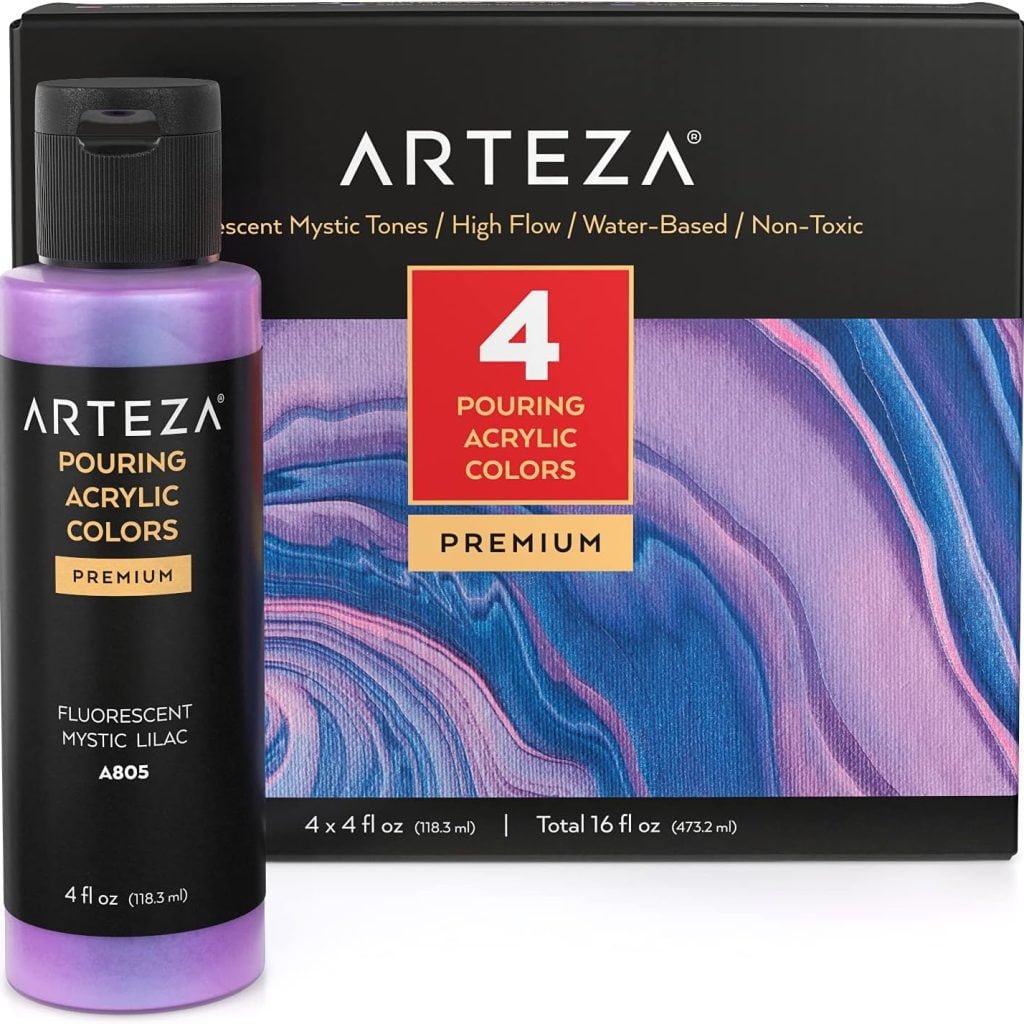 Arteza Iridescent Pouring Acrylic Paint, Set of 4, Mystic Tones, 4 fl oz Bottles, High-Flow Pouring Paint, Art Supplies for Canvas, Glass, Wood, Ceramics, Tile, and Stone