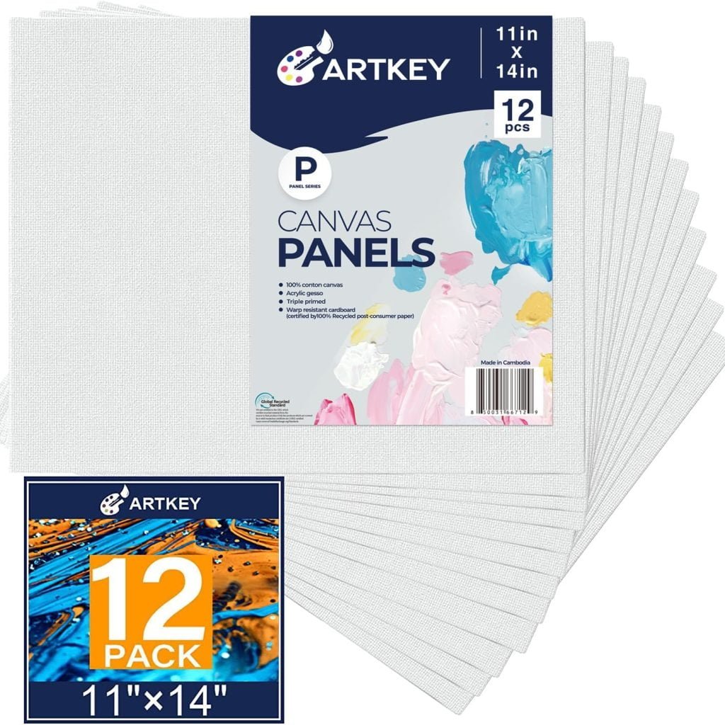 Artkey Canvases for Painting 8x10 Inch 12-Pack, 10 oz Primed 100% Cotton White Blank Flat Canvas Boards, Art Paint Canvas Panels for Acrylic Oil Watercolor Tempera Paints