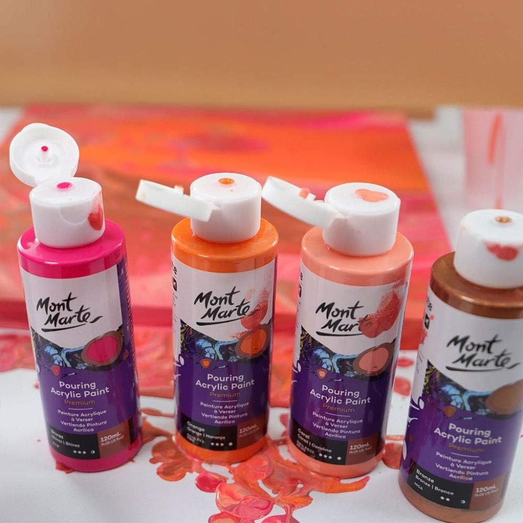 Mont　Marte Acrylic Pouring Paint Set, Coral Color, Pouring Paint, 4 x 120 ml, Paine, Mixed, Premixed, Canvas, Wood, Medium Density Fiberboard, Air Dry Clay and More