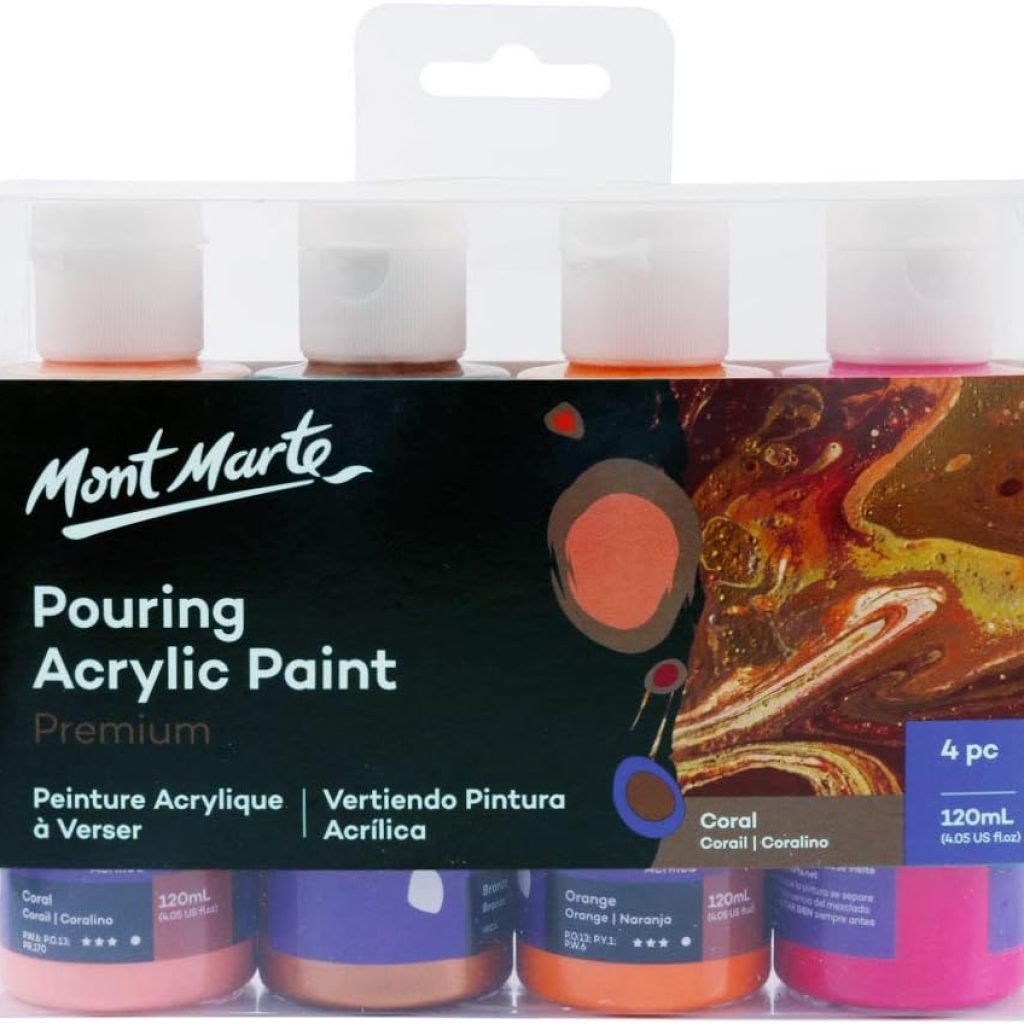 Mont　Marte Acrylic Pouring Paint Set, Coral Color, Pouring Paint, 4 x 120 ml, Paine, Mixed, Premixed, Canvas, Wood, Medium Density Fiberboard, Air Dry Clay and More