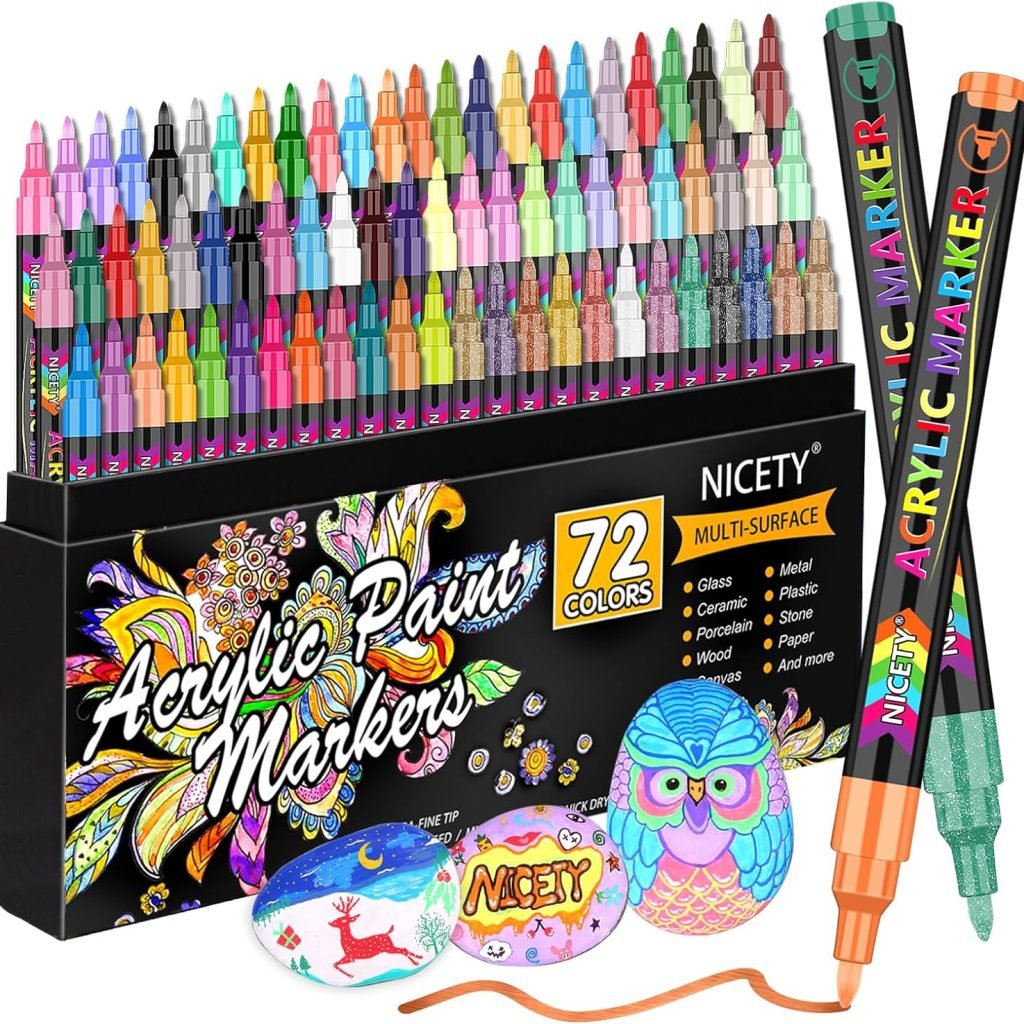 NICETY 72 Colors Acrylic Paint Pens Paint Markers, Extra Fine Tip Point Acrylic Paint Pens for Rock Painting, Canvas, Wood, Ceramic, Glass, Stone, Fabric, DIY Crafts Art Supplies