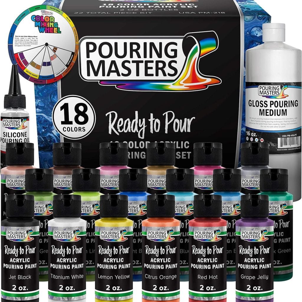 Pouring Masters 84-Color Ready to Pour Acrylic Pouring Paint Set with Silicone Oil Gloss Medium - Premium Pre-Mixed High Flow 2-Ounce Bottles - All Metallic and Solids Colors for Canvas, Wood
