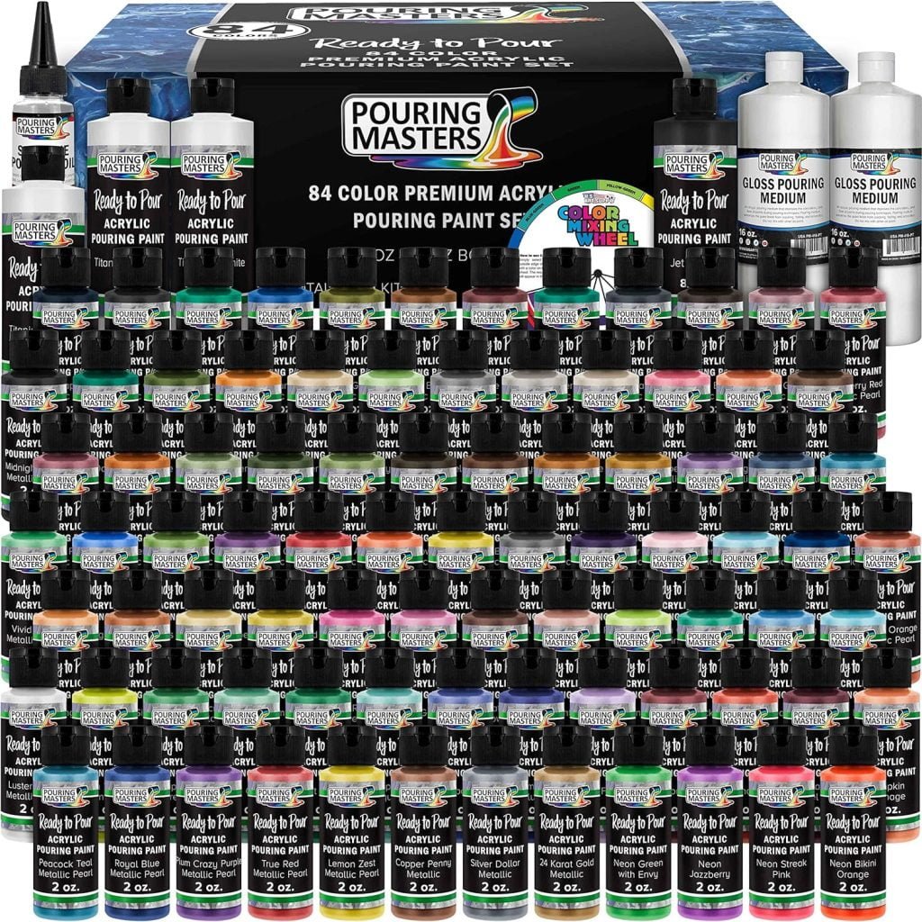 Pouring Masters 84-Color Ready to Pour Acrylic Pouring Paint Set with Silicone Oil Gloss Medium - Premium Pre-Mixed High Flow 2-Ounce Bottles - All Metallic and Solids Colors for Canvas, Wood