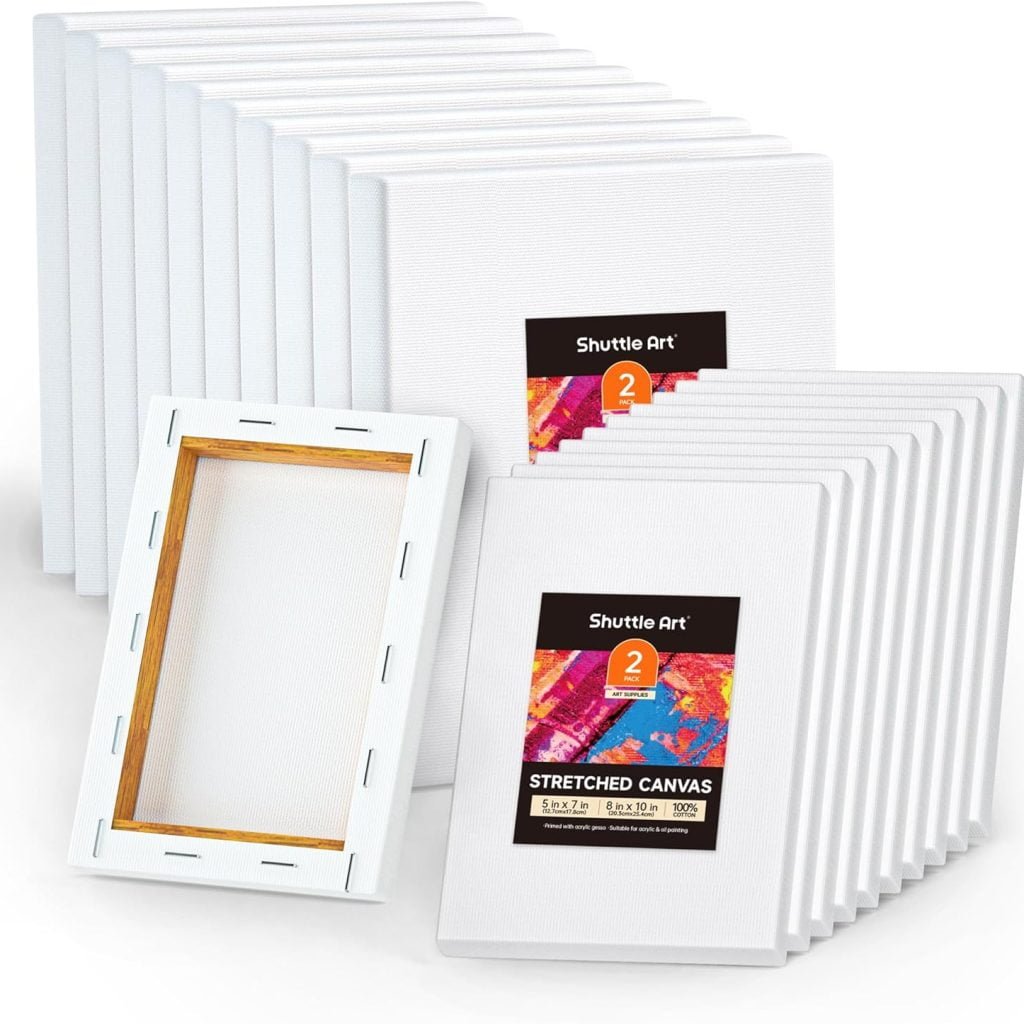Shuttle Art Stretched Canvas, 20 PCS Value Pack, 5 x 7, 8 x 10 Inches (10 of Each), 100% Cotton, Primed White Canvases for Painting, Stretched Canvas Art Supplies for Acrylic, Oil, Acrylic Pouring