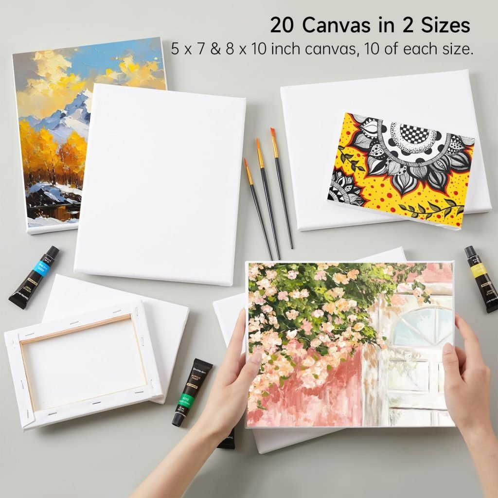 Shuttle Art Stretched Canvas, 20 PCS Value Pack, 5 x 7, 8 x 10 Inches (10 of Each), 100% Cotton, Primed White Canvases for Painting, Stretched Canvas Art Supplies for Acrylic, Oil, Acrylic Pouring