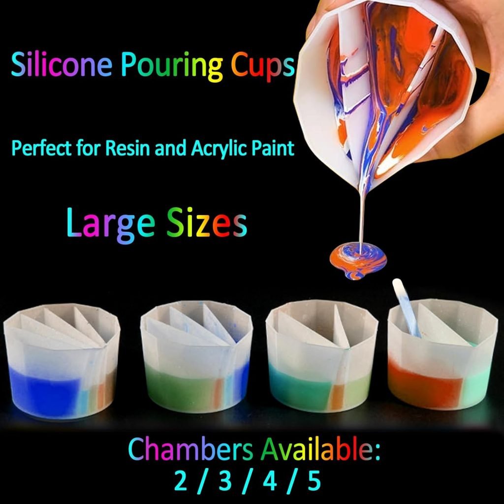 Silicone Pour Split Cups, Funstorm 4Pcs Reusable Resin Mixing Cups with 2-5Channels, Sectioned for Multicolor Pours with Resin, Paint, and More, Fluid Art for Resin Crafts