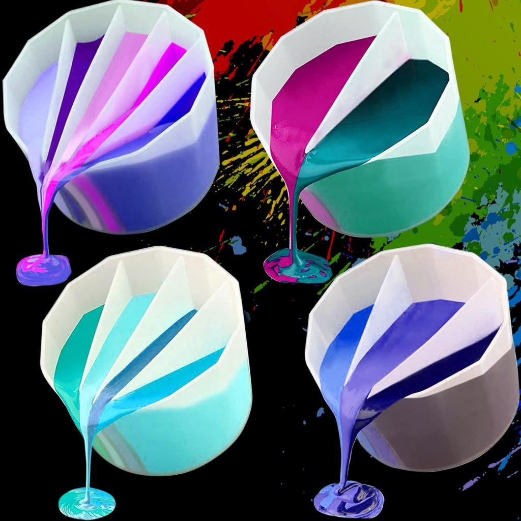Silicone Pour Split Cups, Funstorm 4Pcs Reusable Resin Mixing Cups with 2-5Channels, Sectioned for Multicolor Pours with Resin, Paint, and More, Fluid Art for Resin Crafts