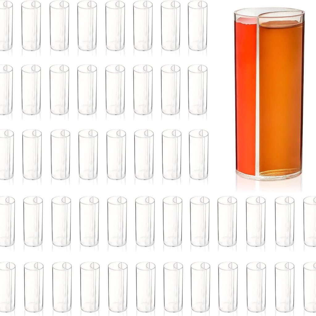 Split Shooters Divided Test Tube Plastic Shot Glasses – Clear Plastic Jager Bomb Chaser Shot Glass Glasses Cups – Fun Unique Glasses for Events Birthday Bachelor Bachelorette Parties - Set of 12