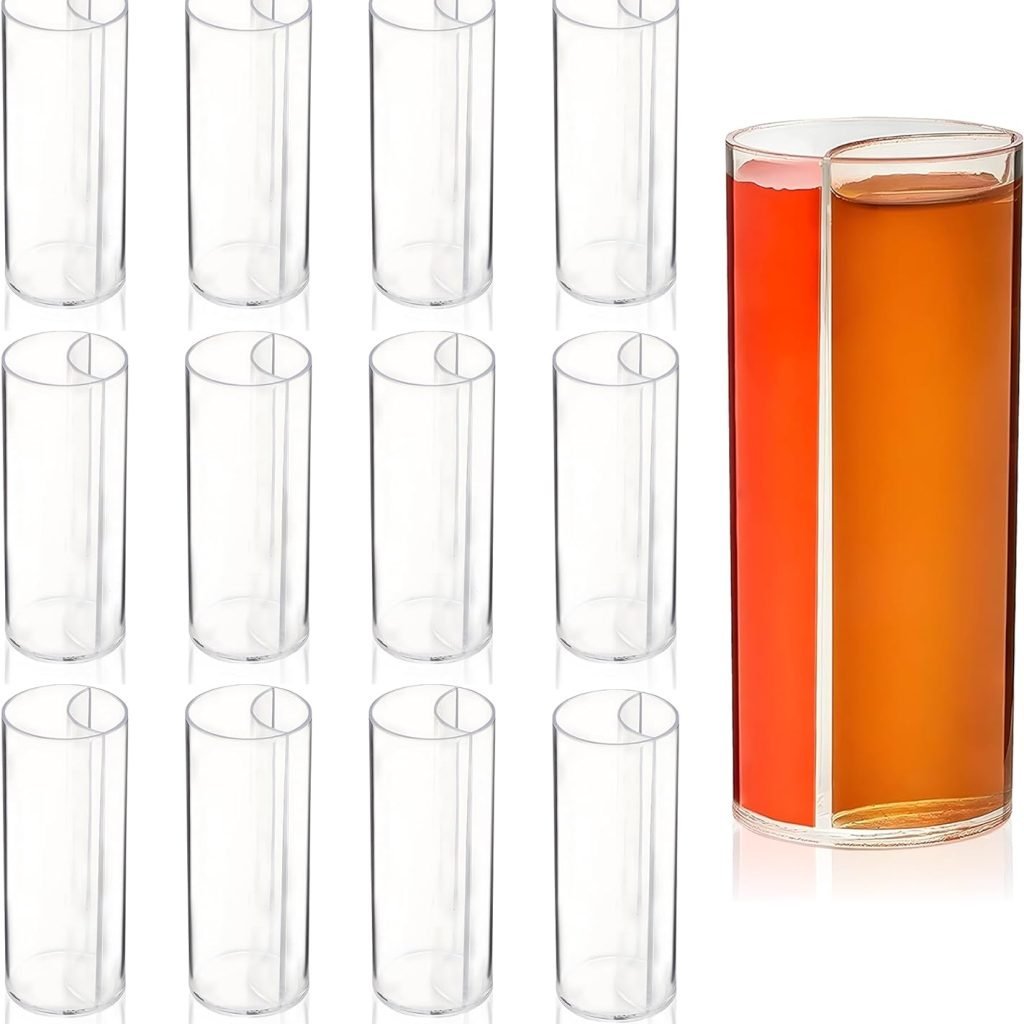 Split Shooters Divided Test Tube Plastic Shot Glasses – Clear Plastic Jager Bomb Chaser Shot Glass Glasses Cups – Fun Unique Glasses for Events Birthday Bachelor Bachelorette Parties - Set of 12