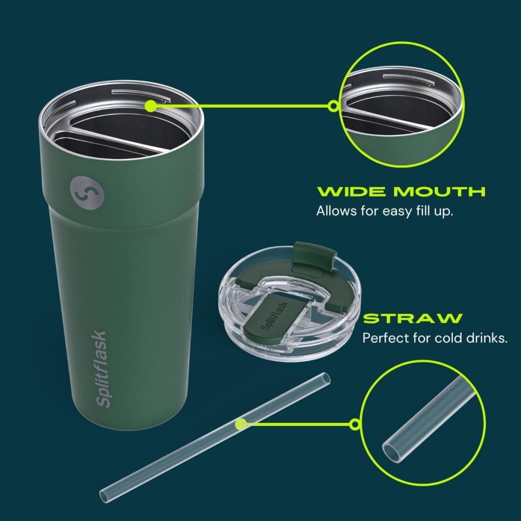 Splitflask 2-in-1 Hot Cold Vacuum Insulated Tumbler, 30oz Stainless Steel, Dual Chamber, Leak-Proof, BPA-Free, Cup Holder Friendly, Black, White, Green, Pink. (Harper White)