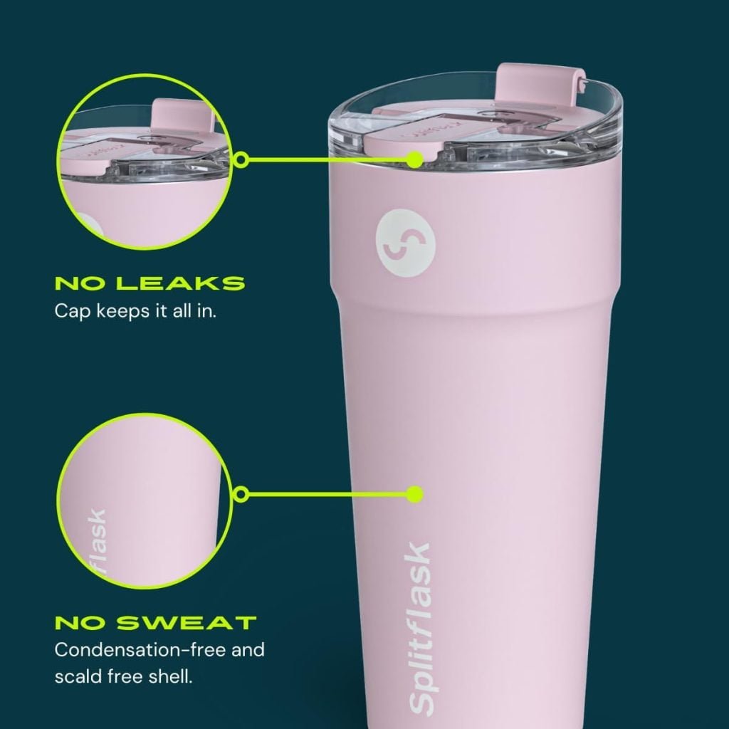 Splitflask 2-in-1 Hot Cold Vacuum Insulated Tumbler, 30oz Stainless Steel, Dual Chamber, Leak-Proof, BPA-Free, Cup Holder Friendly, Black, White, Green, Pink. (Harper White)