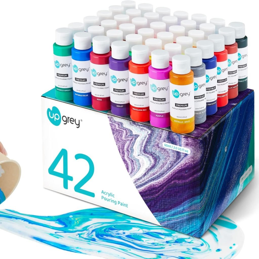 UPGREY 42 Colors Acrylic Pouring Paint Set, High Flow, Non Toxic, Pre-Mixed, 60ml Bottles, Assorted Colors with 4 White, for Canvas, Glass, Paper, Wood, DIY