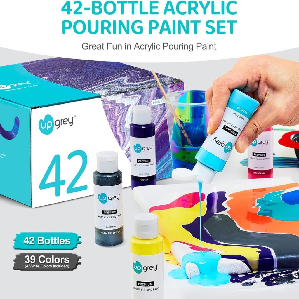 UPGREY 42 Colors Acrylic Pouring Paint Set, High Flow, Non Toxic, Pre-Mixed, 60ml Bottles, Assorted Colors with 4 White, for Canvas, Glass, Paper, Wood, DIY