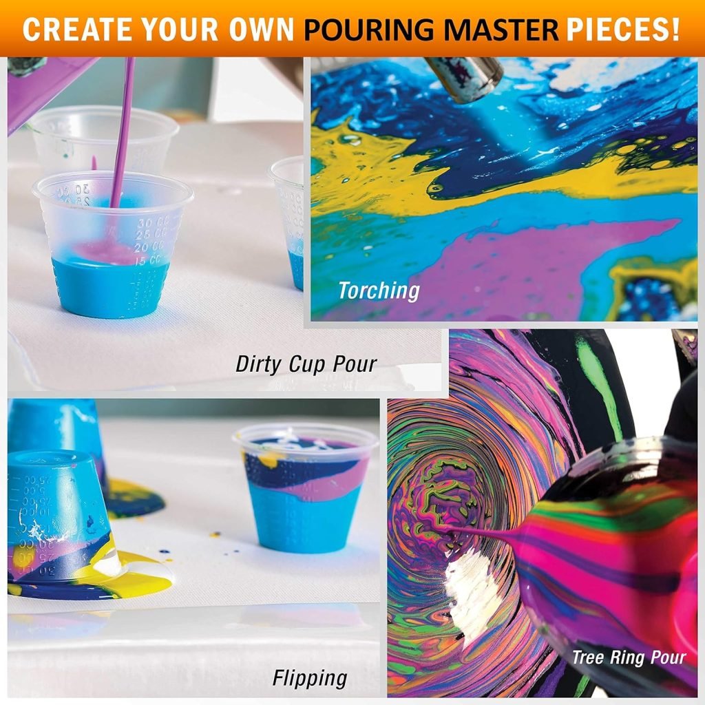 U.S. Art Supply Pouring Masters 16-Color Ready to Pour Acrylic Pouring Paint Set with Silicone Oil Gloss Medium - Premium Pre-Mixed High Flow 8-Ounce Bottles - For Canvas, Wood, Paper, Crafts, Tile