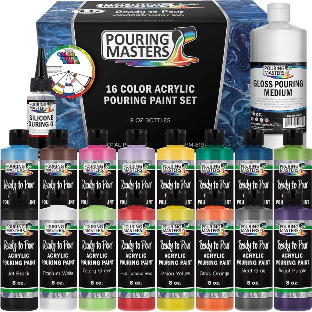 U.S. Art Supply Pouring Masters 16-Color Ready to Pour Acrylic Pouring Paint Set with Silicone Oil Gloss Medium - Premium Pre-Mixed High Flow 8-Ounce Bottles - For Canvas, Wood, Paper, Crafts, Tile