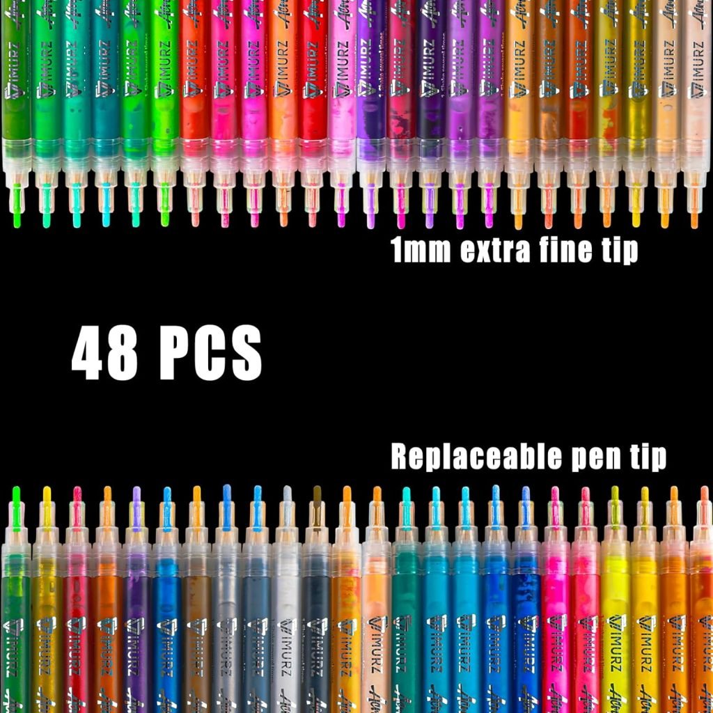 48 Colors Acrylic Paint Makers, 1mm Medium Tip Premium Acrylic Paint Pens for Wood, Rock Painting, Canvas, Glass, Shoes, Stone, DIY Crafts Making Art (Quick Drying)