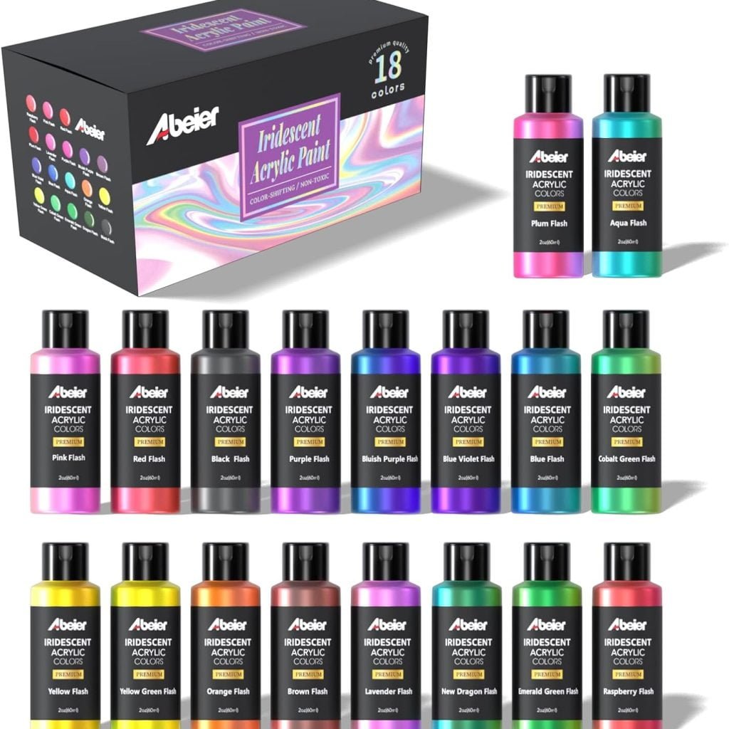 ABEIER Iridescent Acrylic Paint, Set of 18 Chameleon Colors, 2 oz/60ml Bottles, Color-shifting, Non-Toxic, High Viscosity, Blendable, Paints on Rocks Crafts Canvas Wood, Fabric, Ceramic Stone