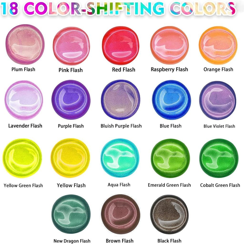 ABEIER Iridescent Acrylic Paint, Set of 18 Chameleon Colors, 2 oz/60ml Bottles, Color-shifting, Non-Toxic, High Viscosity, Blendable, Paints on Rocks Crafts Canvas Wood, Fabric, Ceramic Stone