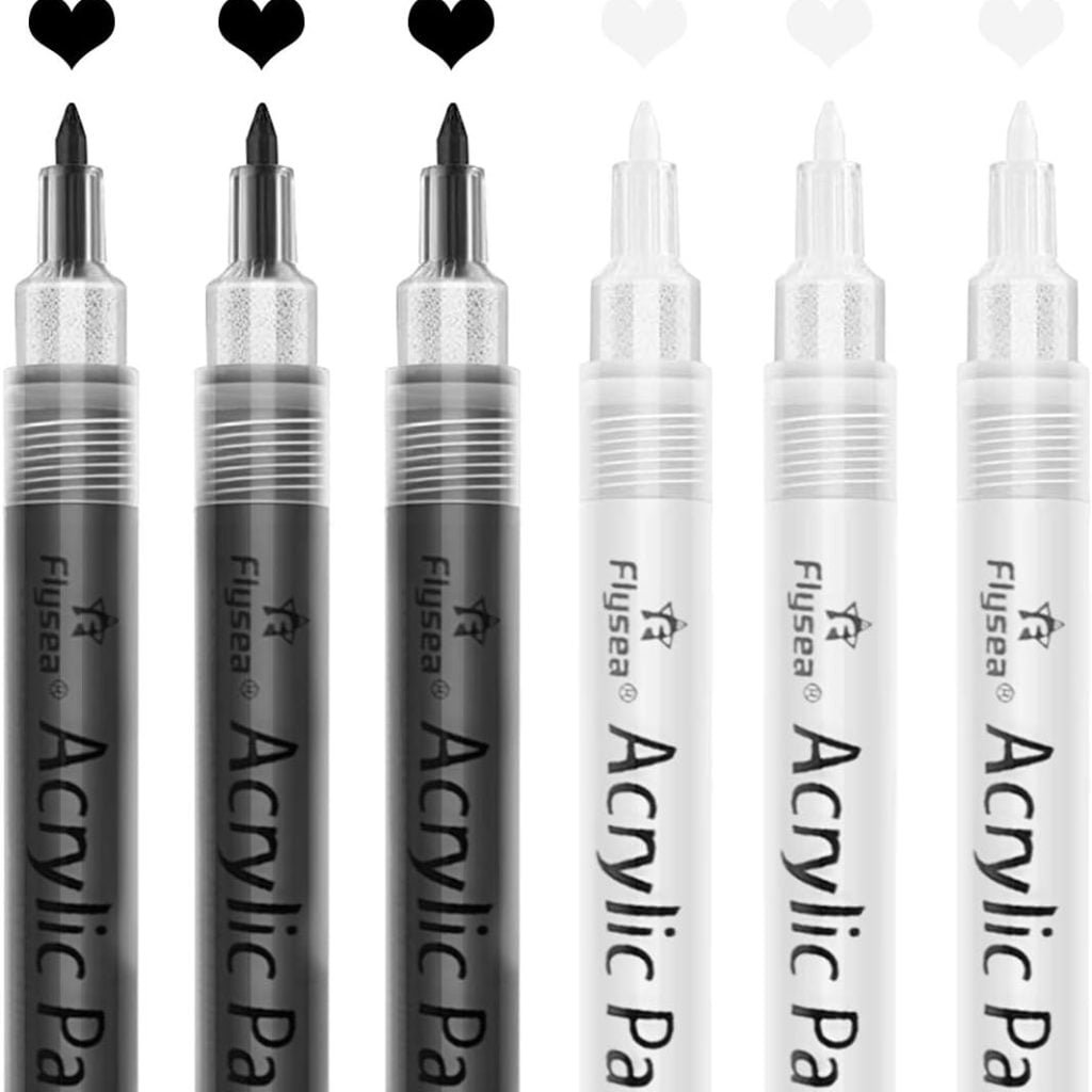 Acrylic Paint Pens,6 Pack Black White Paint Markers, Paint Pens for Rock Painting Stone Ceramic Glass Wood Plastic Glass Metal Canvas,Drawing, Water-Based Acrylic Paint Sets (Black+White)