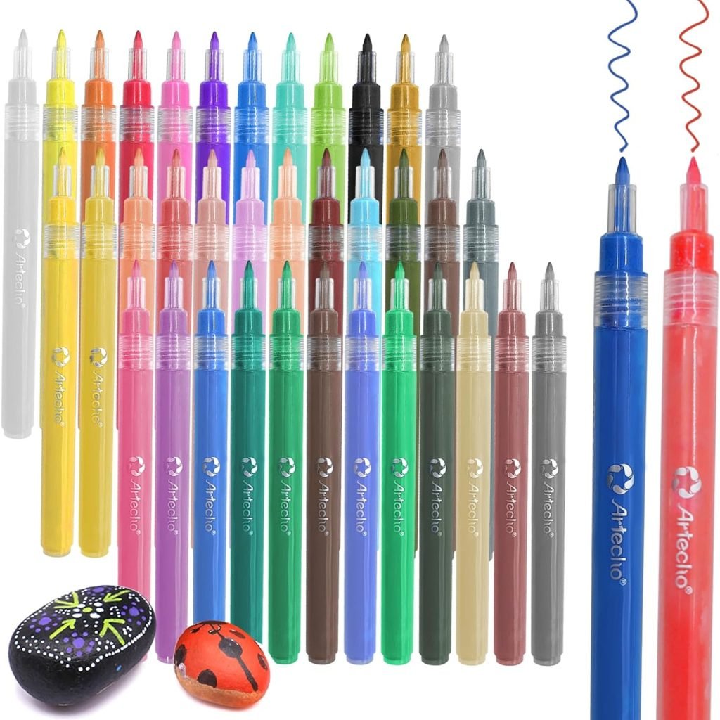 Artecho 36 Colors Extra Fine Tip Paint Pens, 0.7mm Fine Tip Acrylic Paint Markers, Acrylic Paint Pens for Rock Painting, Ceramic, Fabric, Canvas, Wood, Glass, Art Supplies