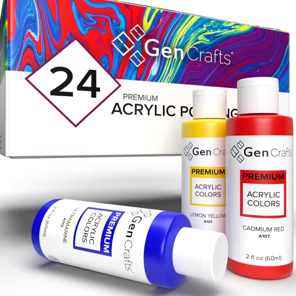 GenCrafts Acrylic Pouring Paint 24 Colors Pre-Mixed High Flow Ready to Pour - 2 oz./60 ml Bottles - Multi-Purpose Paints for Canvas, Paper, Rocks, Wood