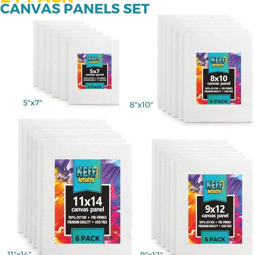 KEFF Canvas Boards for Painting - 24 Pack - Art Supplies Paint Canvas 5x7, 8x10, 9x12, 11x14 Canvas Panels, 100% Cotton Pre-Primed Large Canvas for Painting Supplies, Acrylic, Oil, Watercolor, Tempera