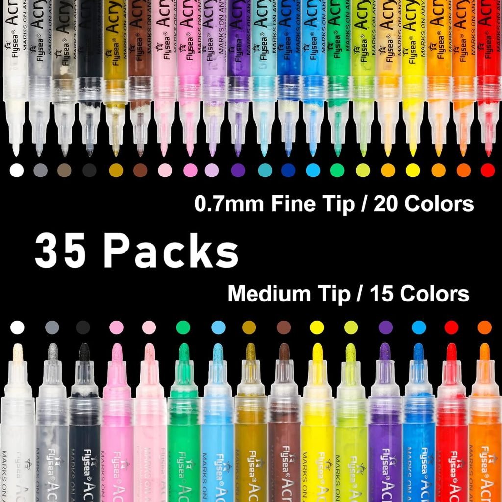 NAWOD 35 Premium Acrylic Paint Marker Pens, Double Pack of Both Extra Fine and Medium Tip, for Rock Painting, Mug, Ceramic, Glass, Wood, Fabric, Canvas, Metal, Pumpkin, DIY Crafts Making Art Supplies