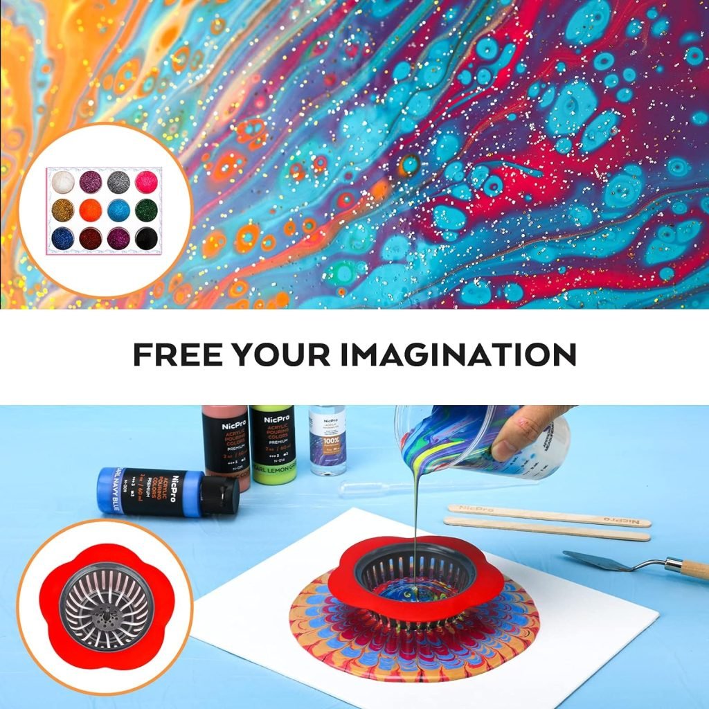 Nicpro 123 Pack Metallic Acrylic Pouring Paint Set, 19 Colors (2oz / 60ml bottle) Ready to Pour Acrylic Paint Supplies Pre-Mix High Flow for Canvas Paper, Rocks, Wood and DIY Painting