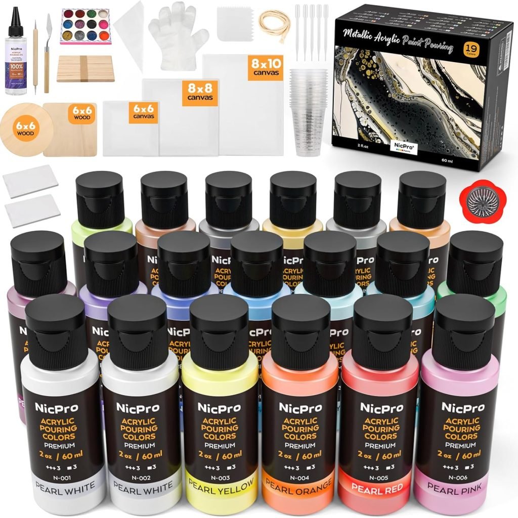 Nicpro 123 Pack Metallic Acrylic Pouring Paint Set, 19 Colors (2oz / 60ml bottle) Ready to Pour Acrylic Paint Supplies Pre-Mix High Flow for Canvas Paper, Rocks, Wood and DIY Painting