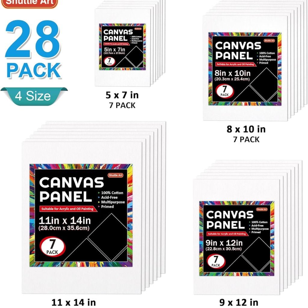Shuttle Art Painting Canvas Panel, 52 Multi Pack, 5x5, 6x6, 8x8, 10x10 inch (13 PCS of Each), 100% Cotton Art Canvas Board Primed White, Blank Canvas for Kids Adults for Acrylic Oil Painting