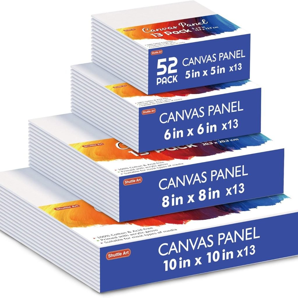 Shuttle Art Painting Canvas Panel, 52 Multi Pack, 5x5, 6x6, 8x8, 10x10 inch (13 PCS of Each), 100% Cotton Art Canvas Board Primed White, Blank Canvas for Kids Adults for Acrylic Oil Painting